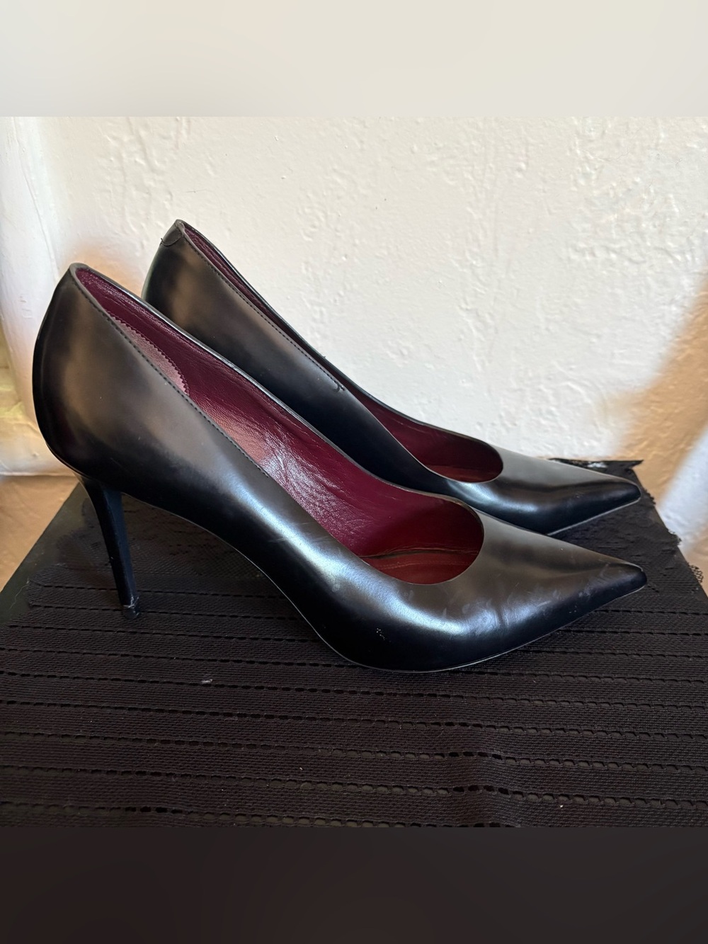 Celine Black Pointed-Toe Leather Pumps with Burgundy Lining